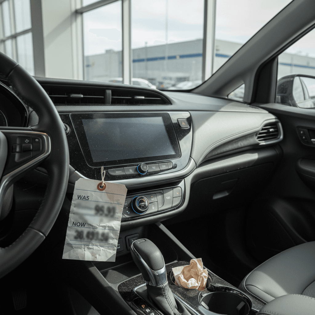Used Chevrolet Bolt EUV interior and dashboard at a dealership with pricing displayed, highlighting its value as a used electric crossover