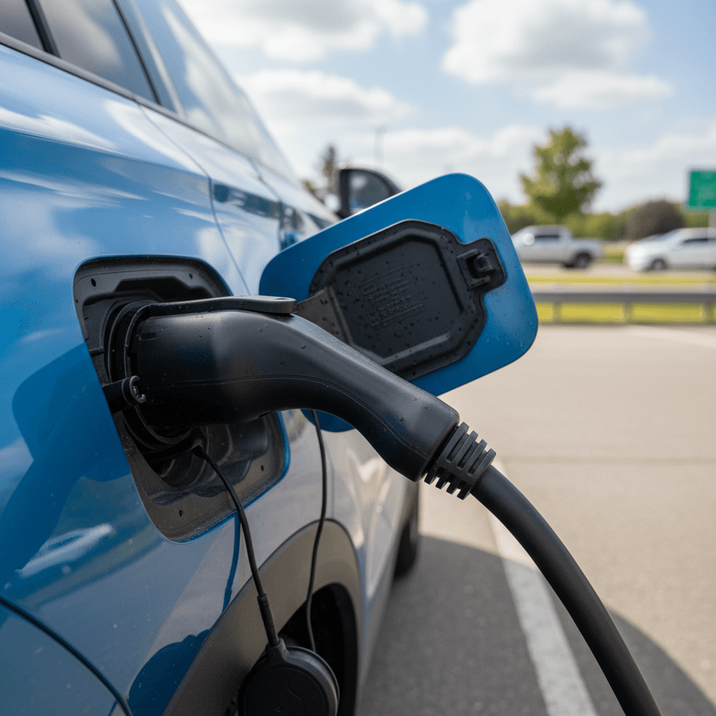 Family charging an electric car at a roadside fast charger during a road trip