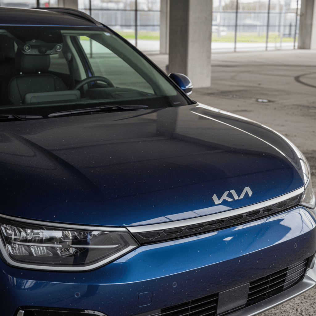 Front view of a Kia EV9 focusing on the windshield wipers, sensors, and charging port area