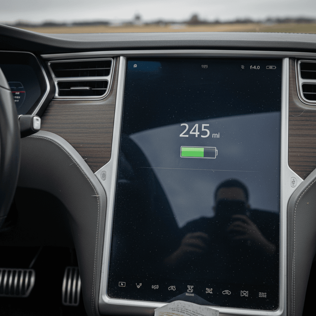 Tesla Model S instrument cluster showing battery state of charge and estimated driving range
