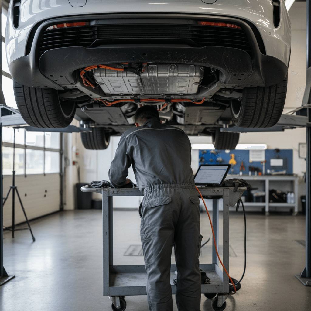 Technician inspecting the high-voltage battery and underbody of a 2020 Porsche Taycan on a lift