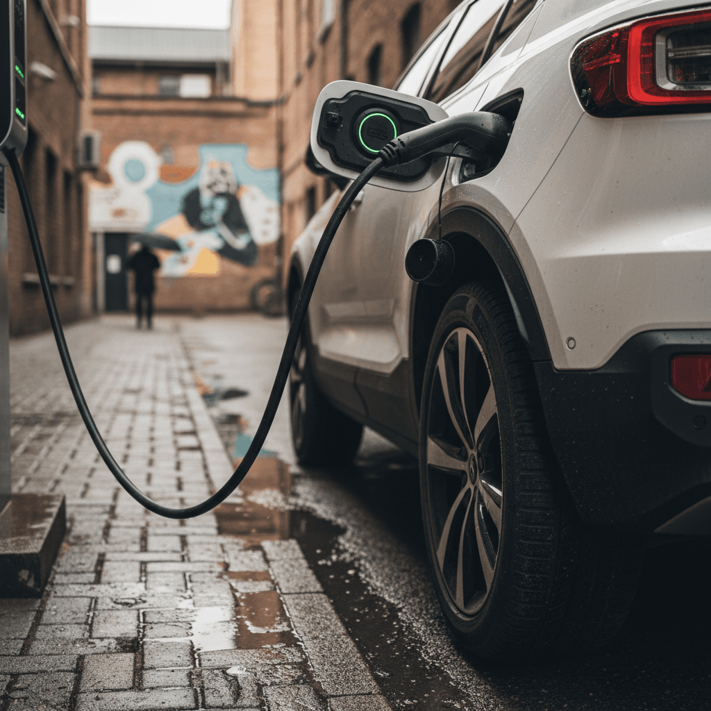 Volvo EX30 charging at a public DC fast charger in a city parking lot