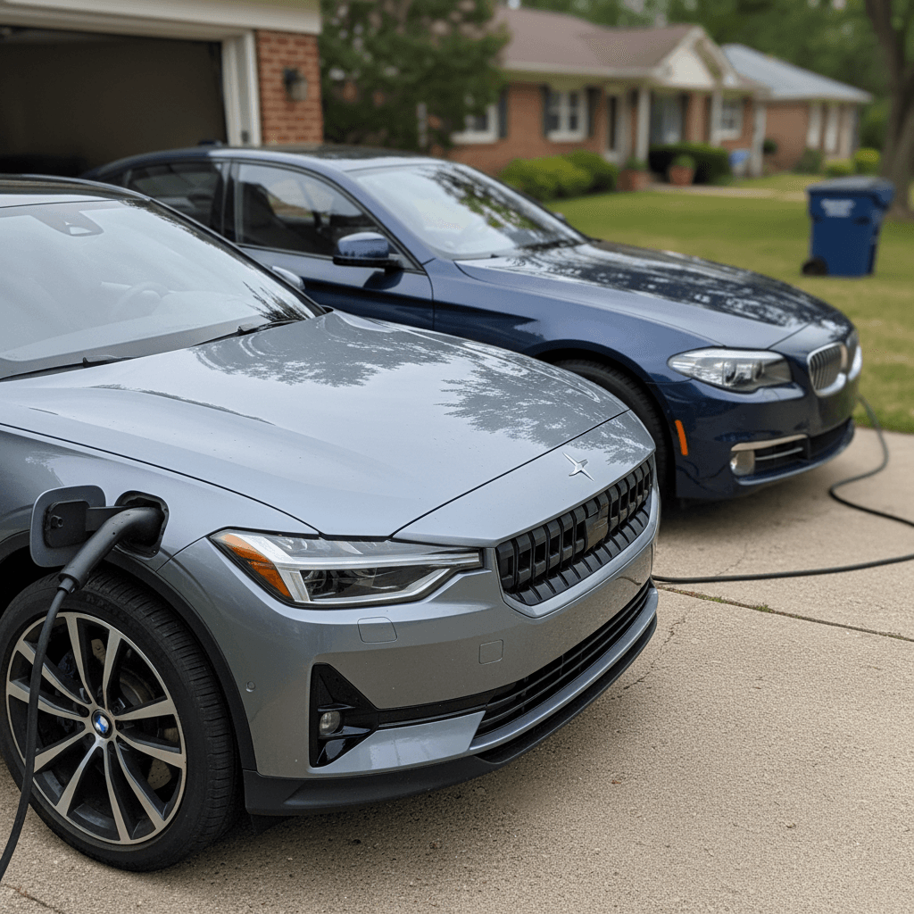 Polestar 2 parked next to a similar gas luxury sedan, both in a driveway with visible charging cable and gas pump in background