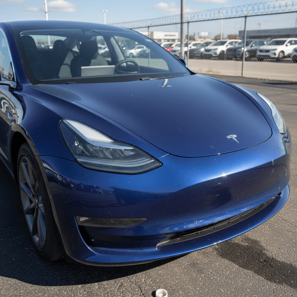 Used 2021 Tesla Model 3 on dealer lot with focus on front end and wheels