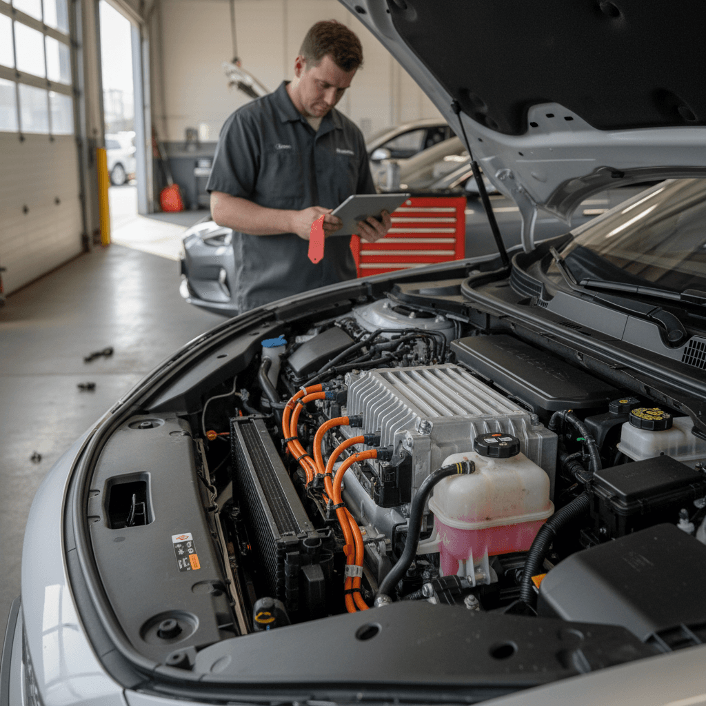Technician performing a multi point inspection on a used car before certification
