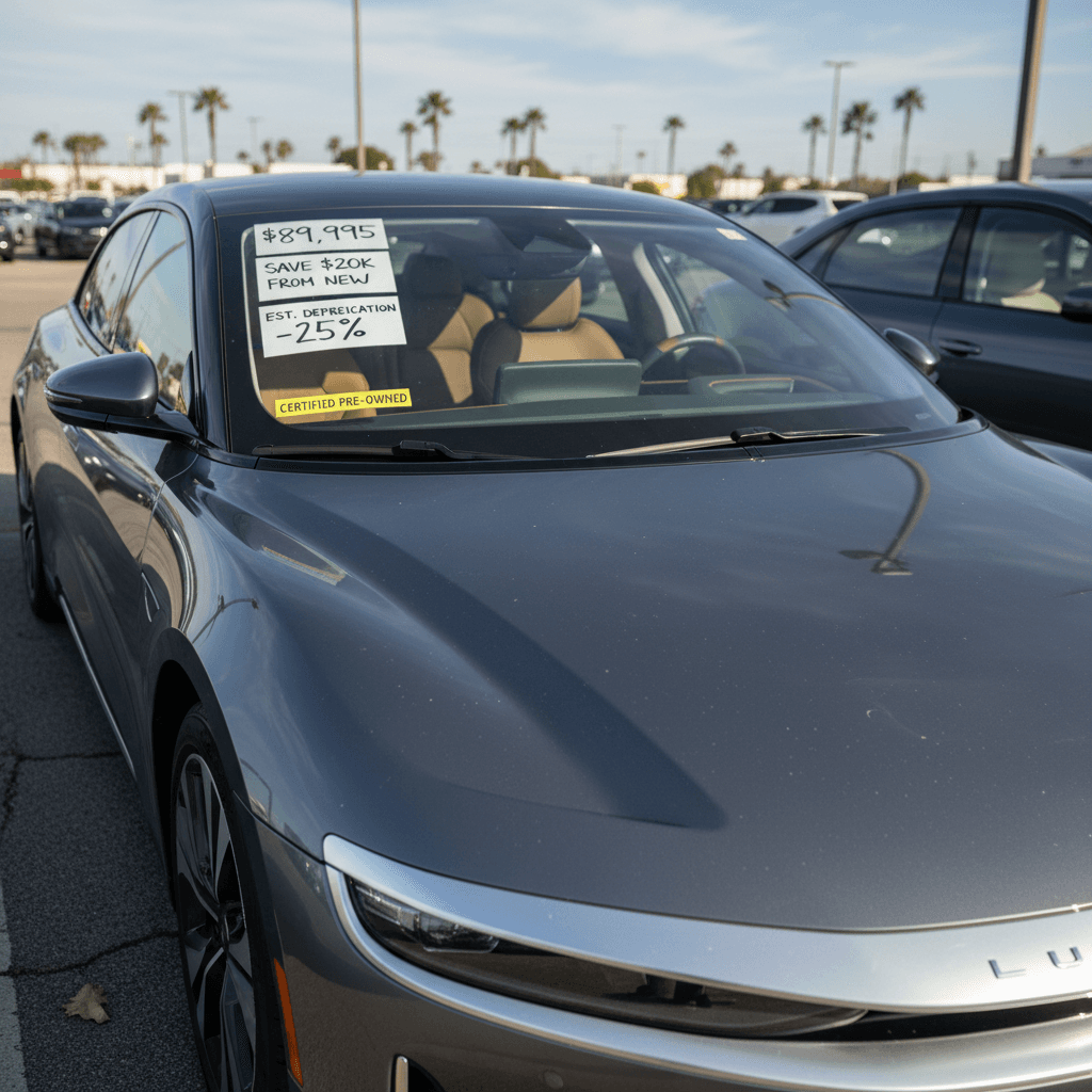 Used Lucid Air sedans parked in a dealer lot with price stickers and window labels