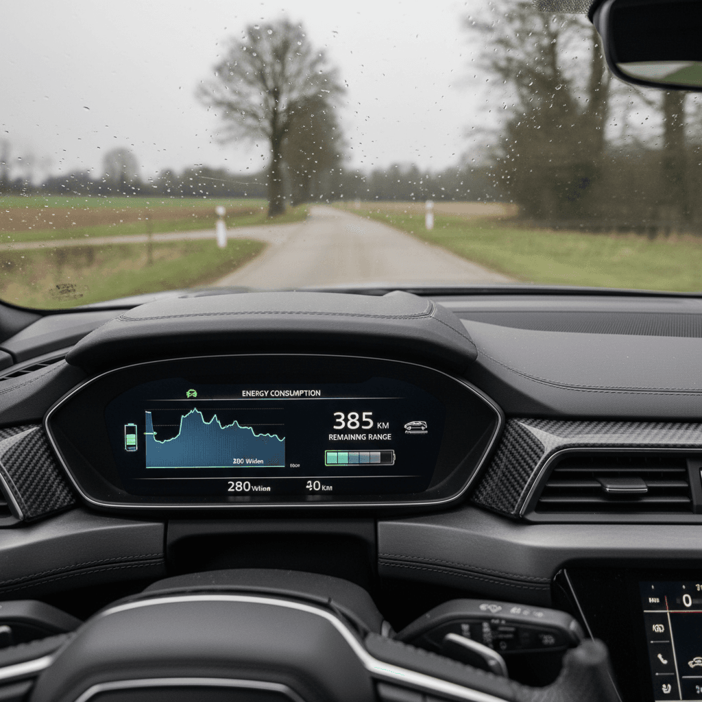 Audi e-tron GT driver display showing remaining range and energy use during a highway drive