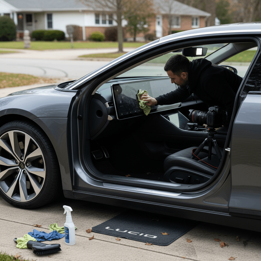 Owner cleaning and photographing a Lucid Air in a driveway to prepare it for sale