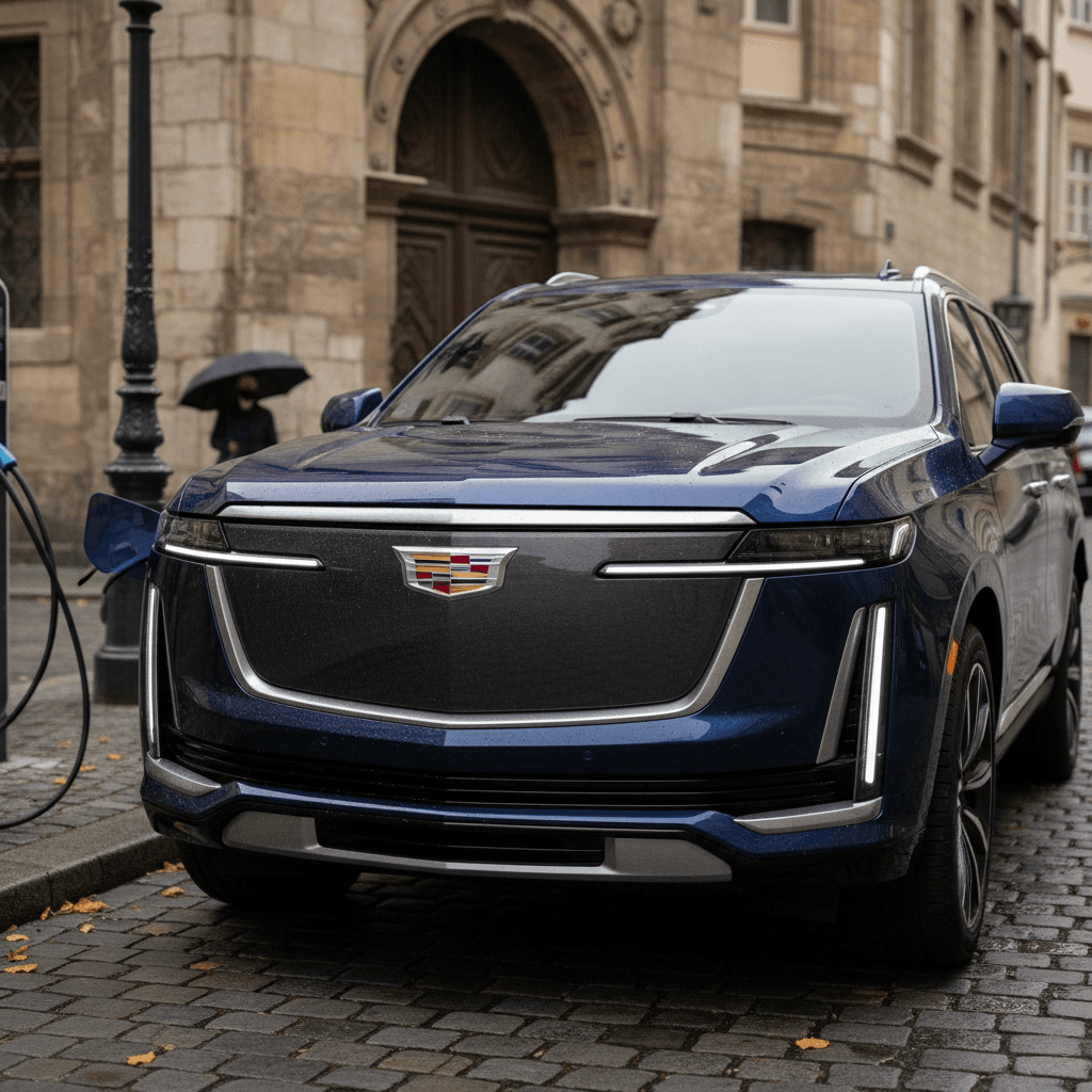 Cadillac Escalade IQ electric SUV parked near a modern building