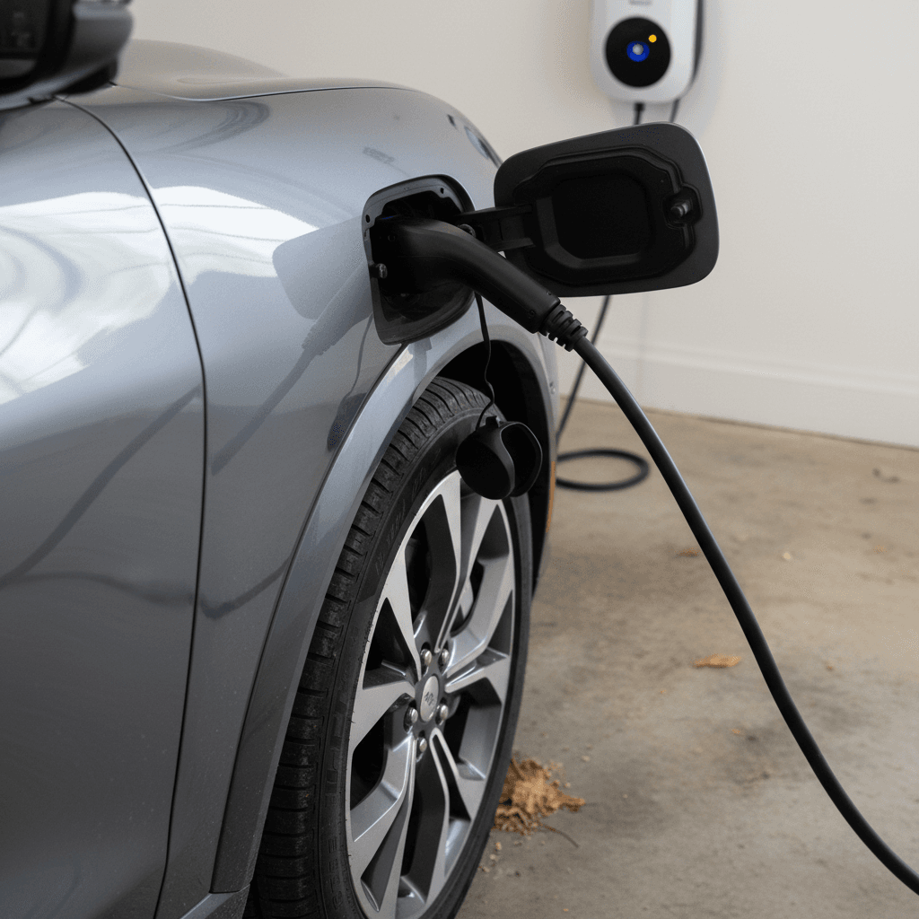 Close-up of a Ford Mustang Mach‑E charging at a home Level 2 charger, focusing on the charge port and front wheel
