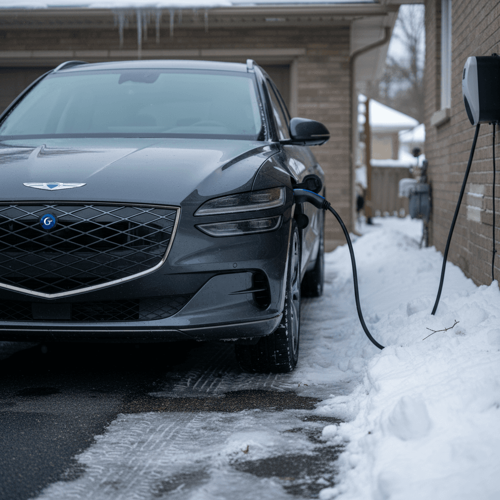 Genesis GV60 plugged into a home Level 2 charger in a snowy driveway, illustrating winter EV charging habits