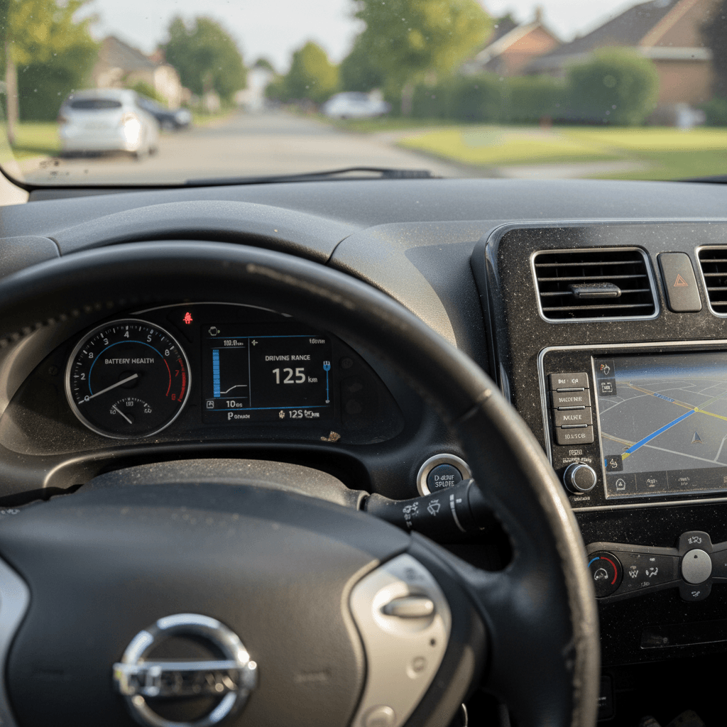 Used electric car dashboard showing remaining range and battery health indicators