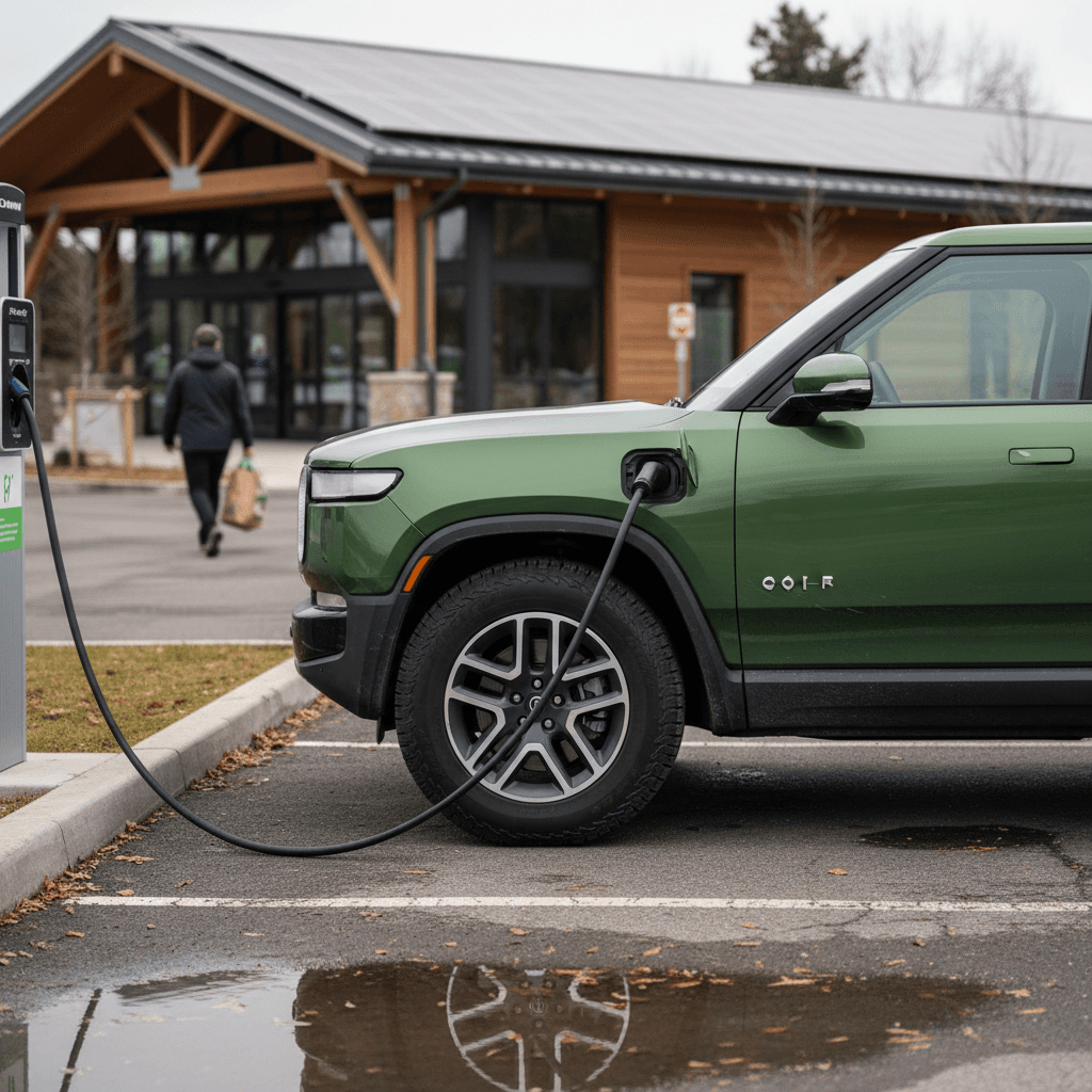 Used Rivian R1S electric SUV parked at a public charging station, showing side profile and modern design