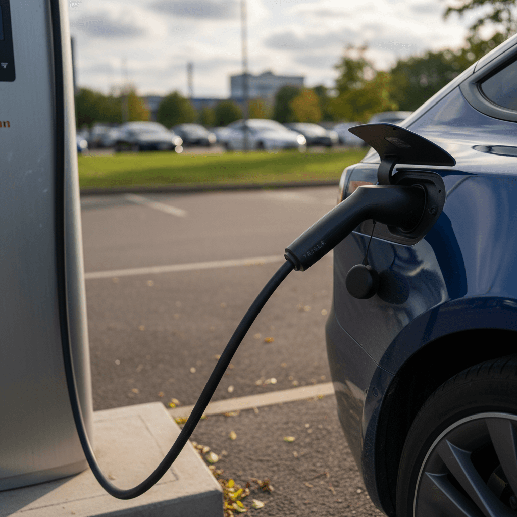 Close-up of a Tesla electric car logo on the front of the vehicle