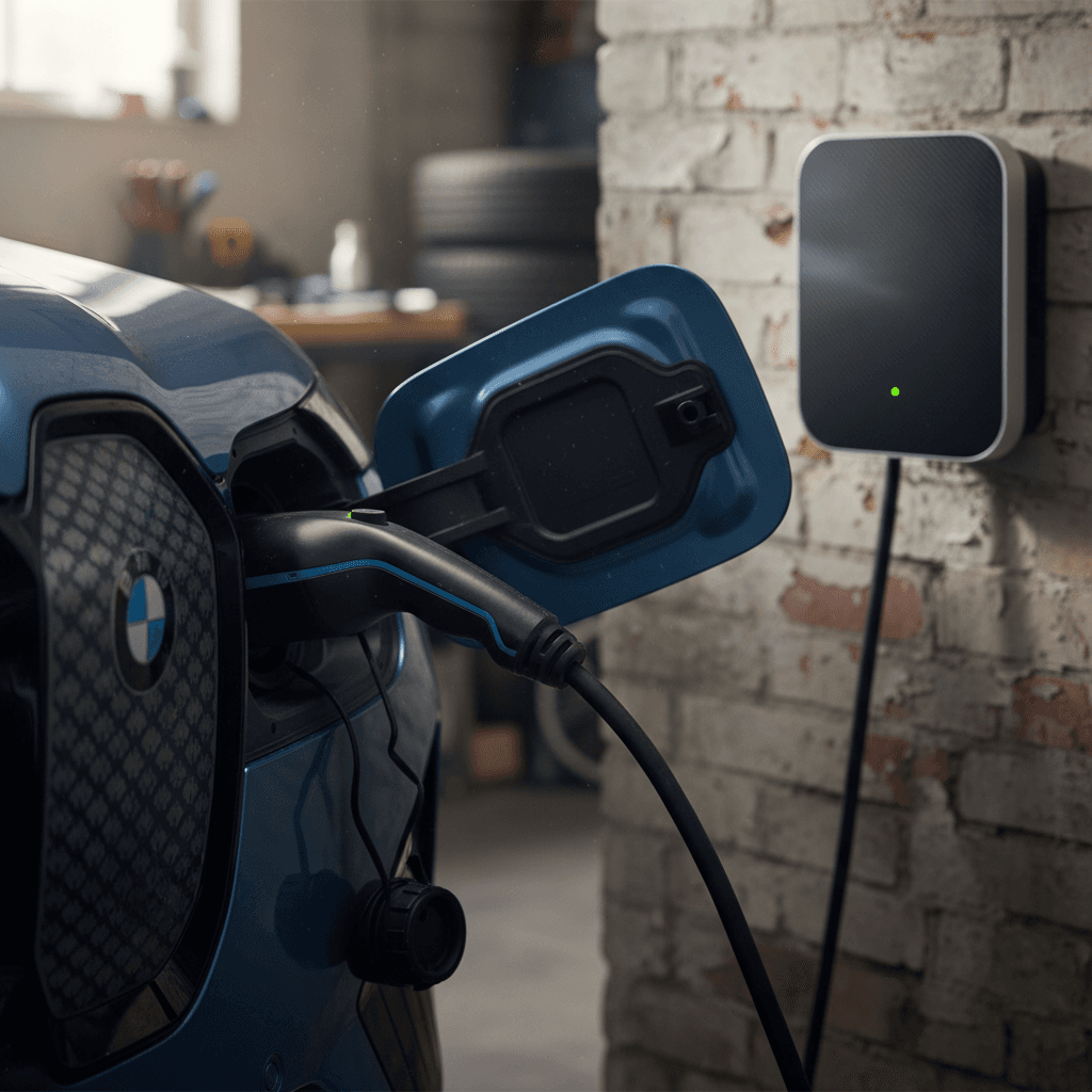 2023 BMW iX plugged into a Level 2 home charger, showing charging status lights at the port