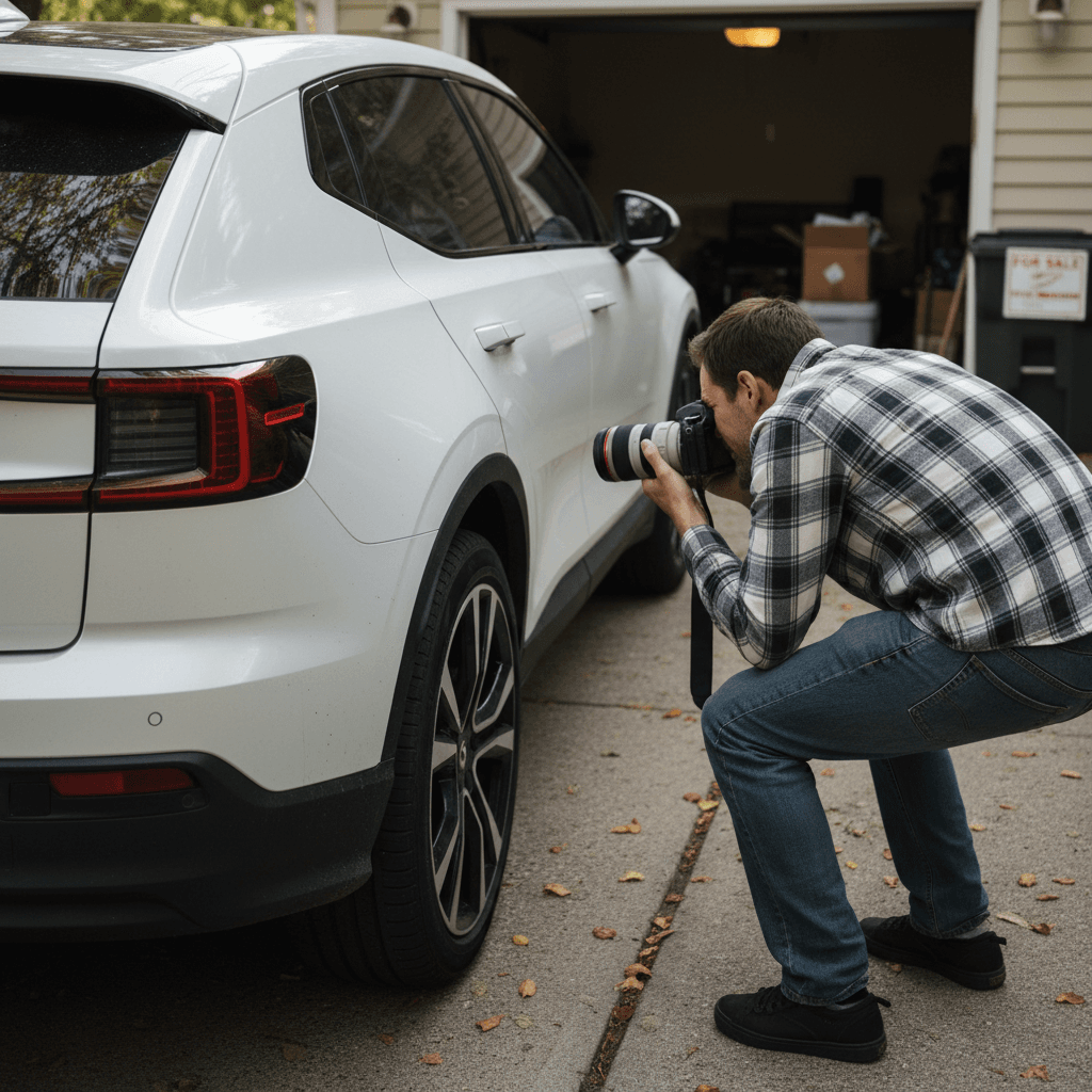 Owner photographing a white Polestar 3 in a driveway to prepare an online used EV listing