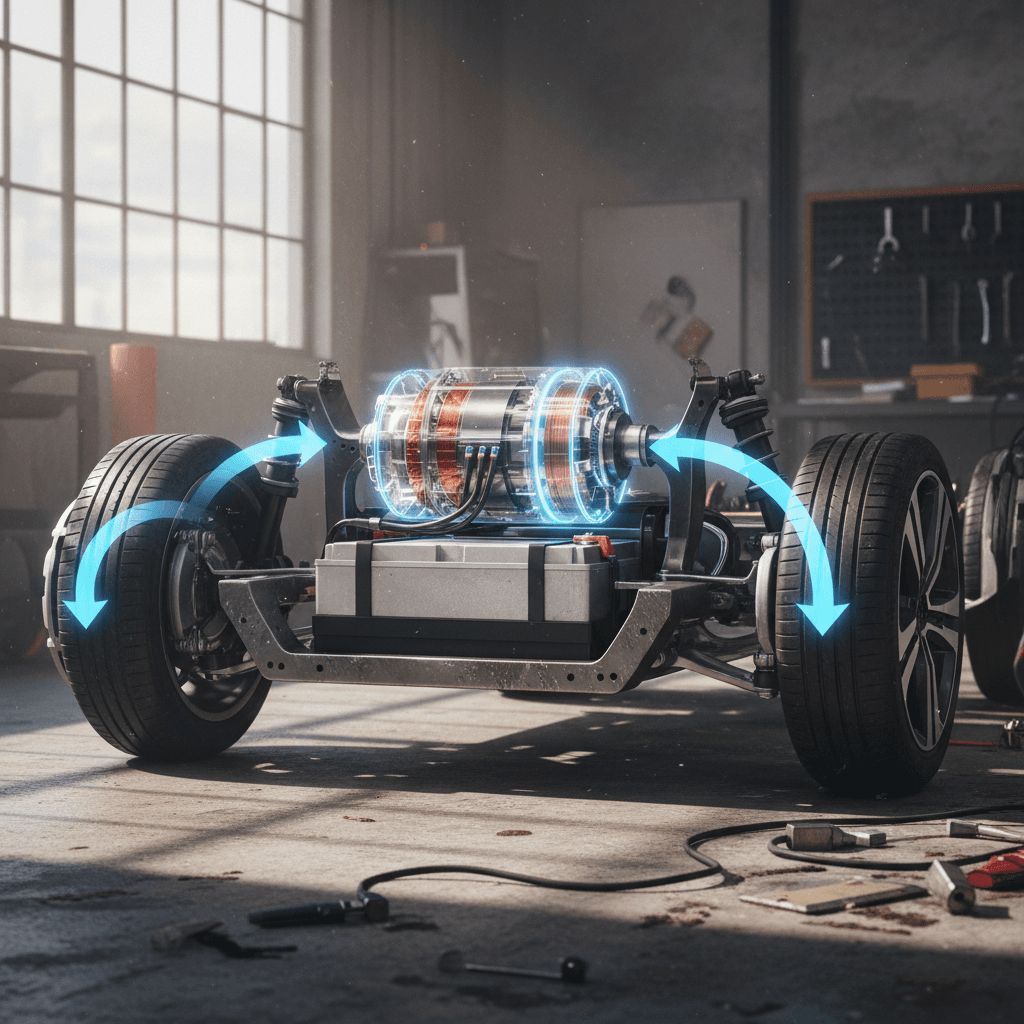 Simplified diagram showing an EV motor switching to generator mode during braking, with arrows from the wheels back to the battery pack.