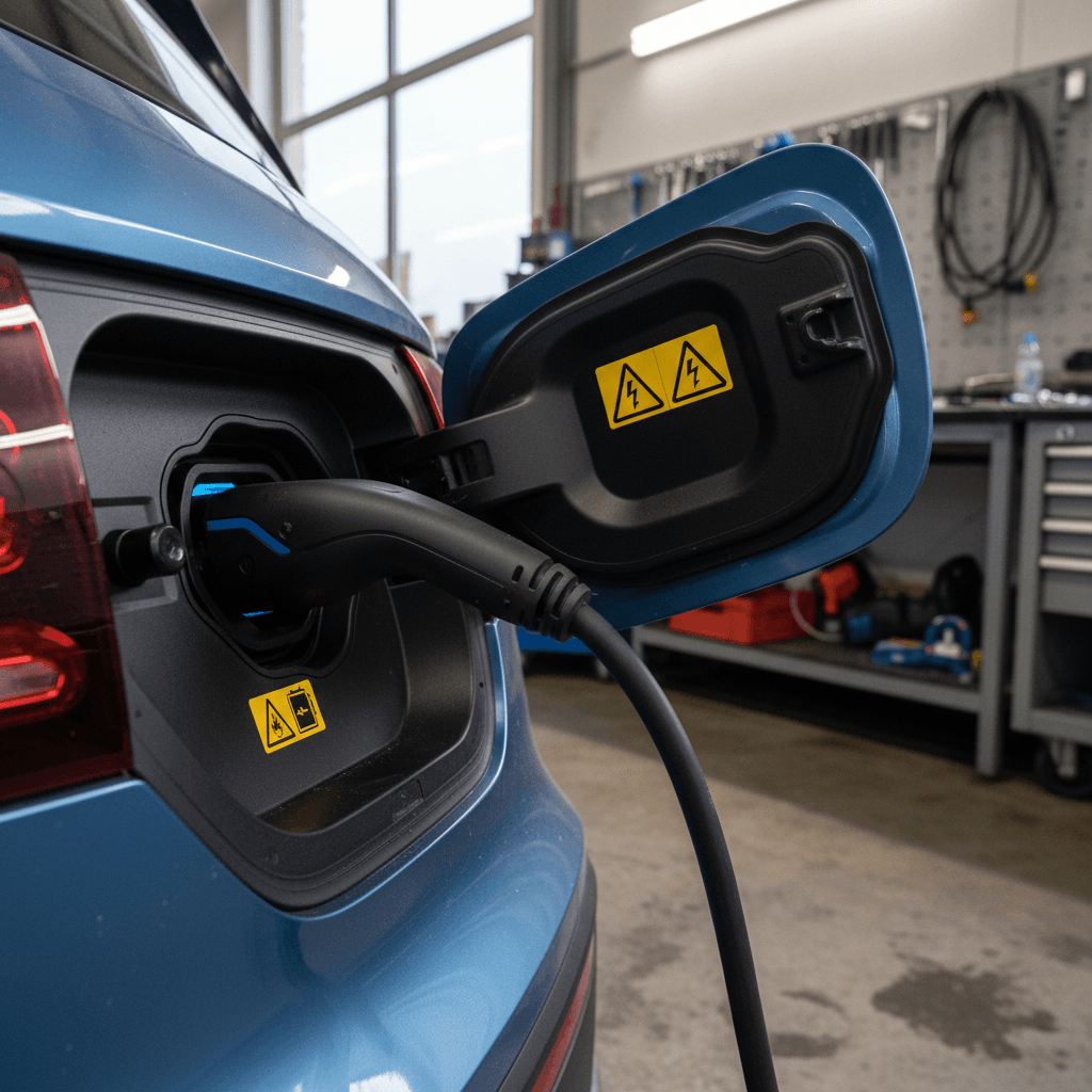 Technician inspecting the high-voltage battery and charging system on a 2023 Mercedes EQB in a service bay