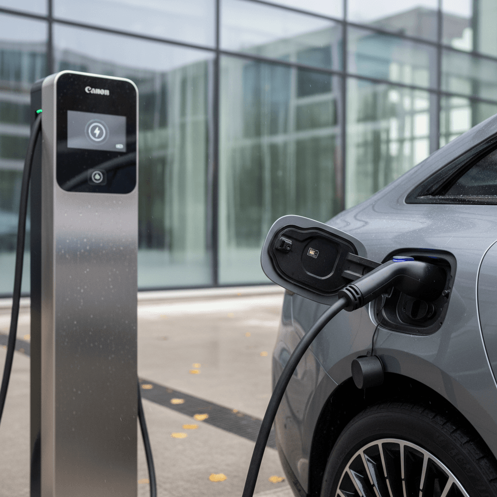 2022 Mercedes EQS plugged into a DC fast charger, showing the charge port and station screen