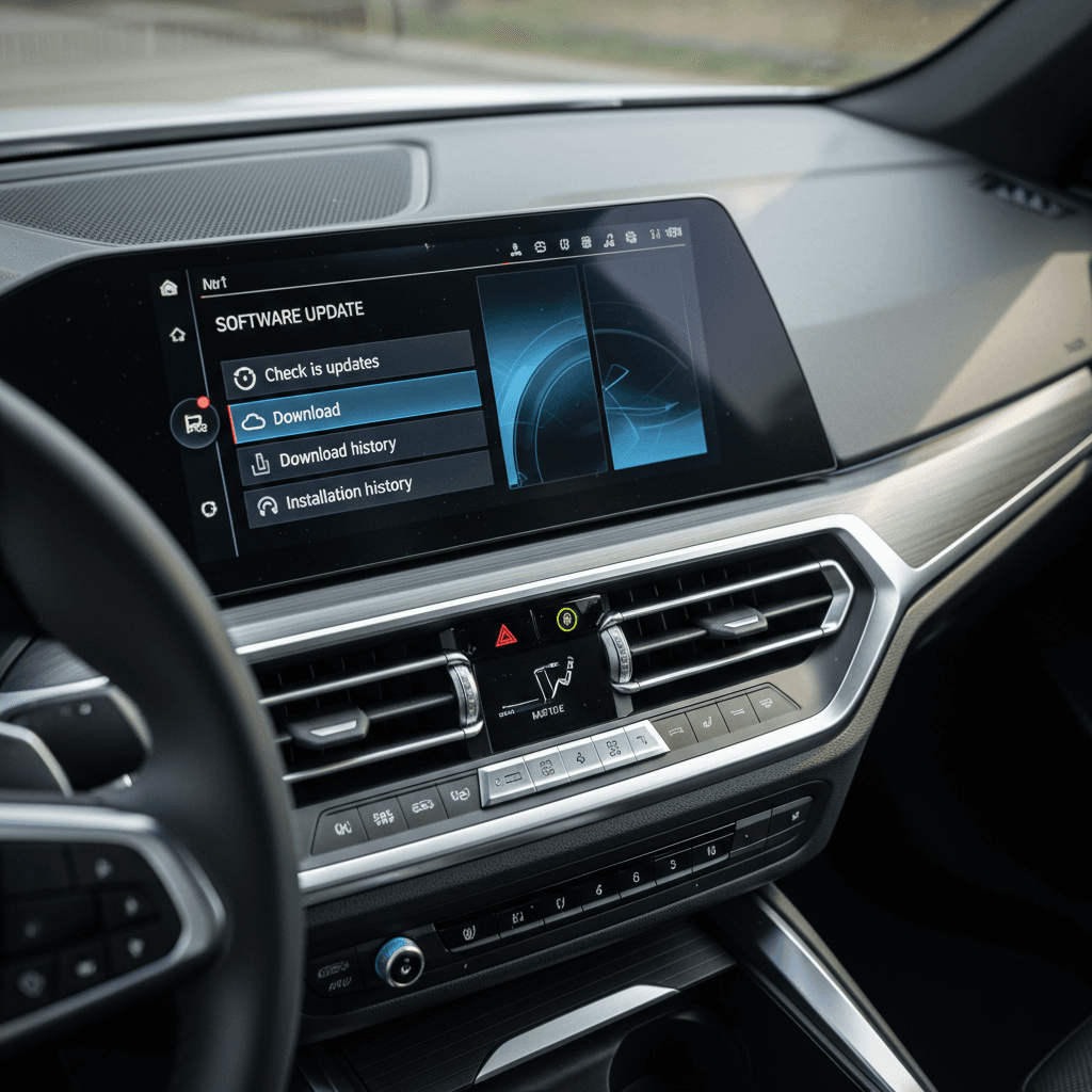 Close-up of BMW i4 iDrive 8 screen displaying a software update download and installation prompt.