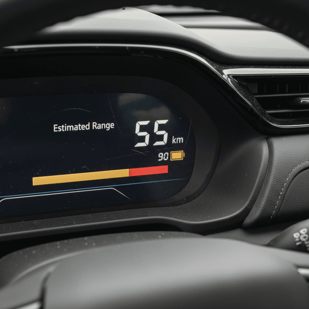 BMW iX digital dashboard showing state of charge and electric driving range