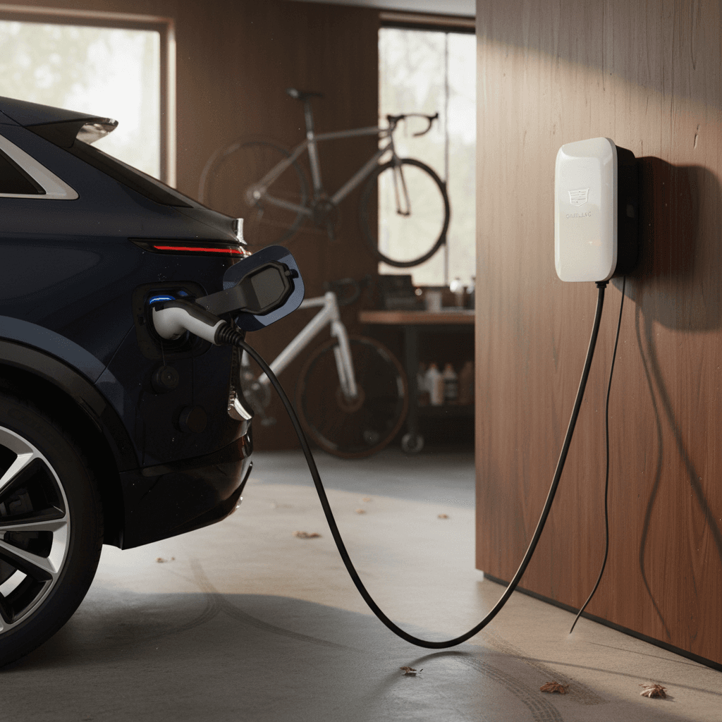 A 2025 Cadillac Lyriq plugged into a Level 2 home charger in a modern garage
