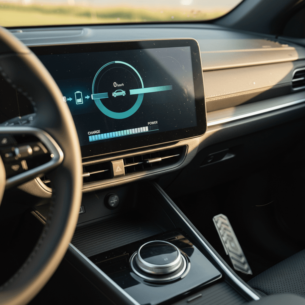 Electric vehicle dashboard showing regenerative braking activity on a digital display