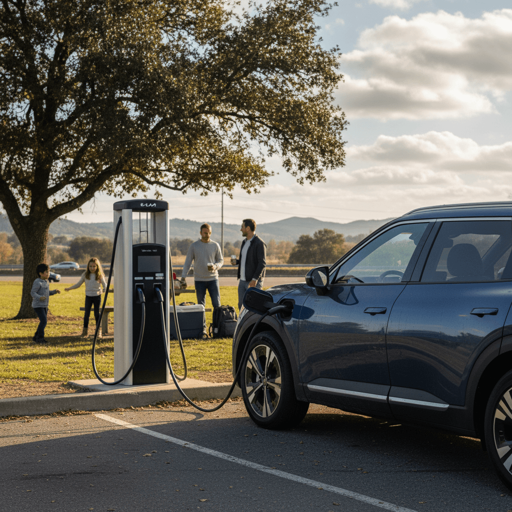 Kia EV9 plugged into a DC fast charger at a highway charging plaza during a family road trip