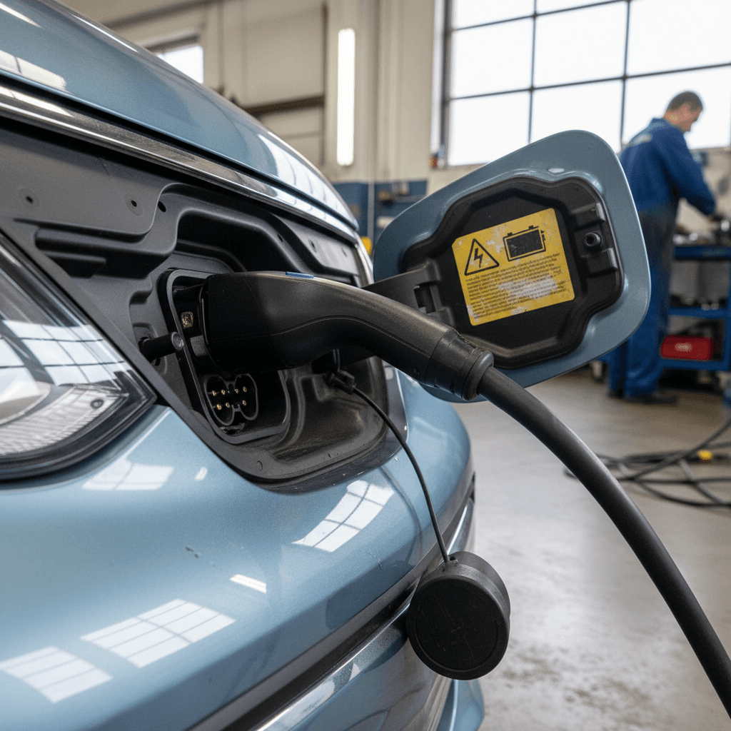 Technician inspecting the high-voltage battery and cabling on a Chevy Bolt EV in a service bay