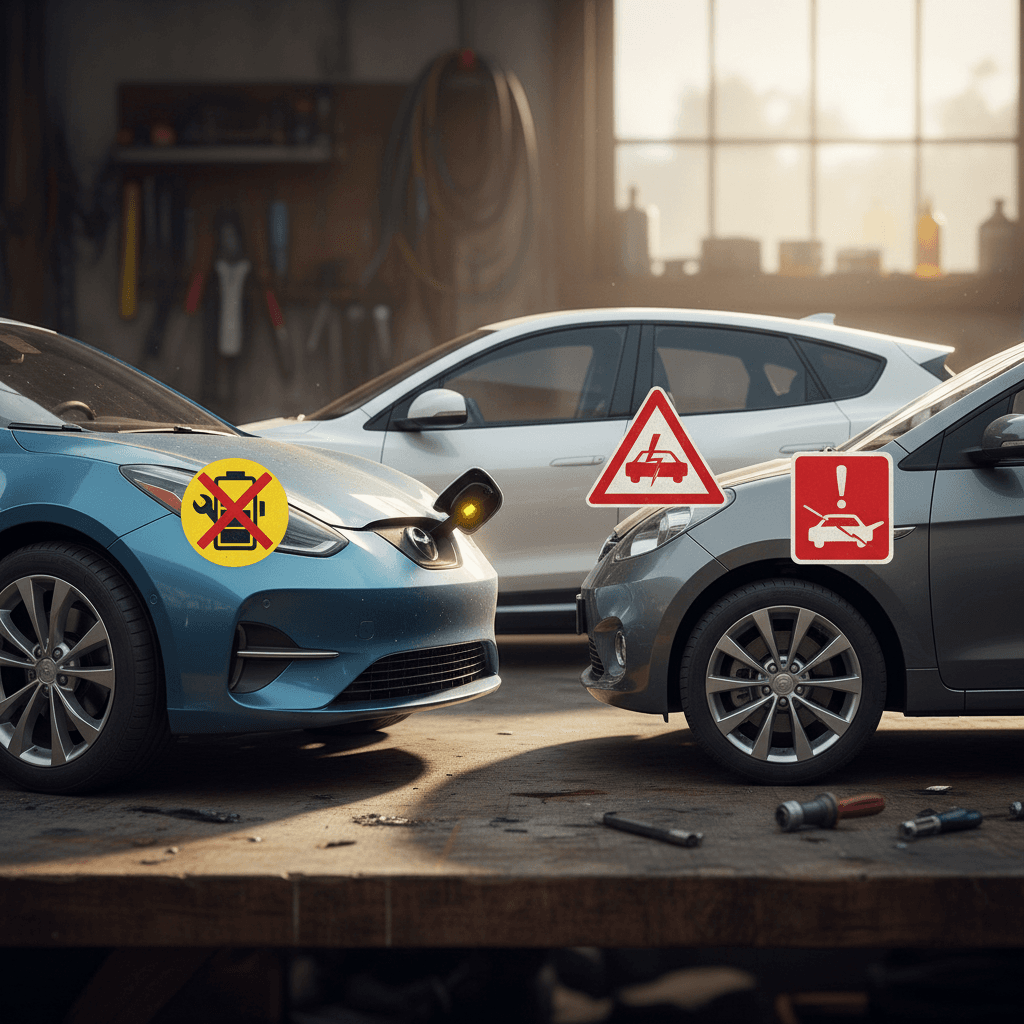 Several aging electric cars with different range estimates shown on their dashboards, illustrating how battery degradation impacts daily usability.