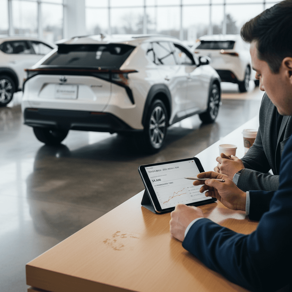 Owner reviewing trade-in offer for a 2024 Toyota bZ4X with a sales consultant in a bright dealership showroom