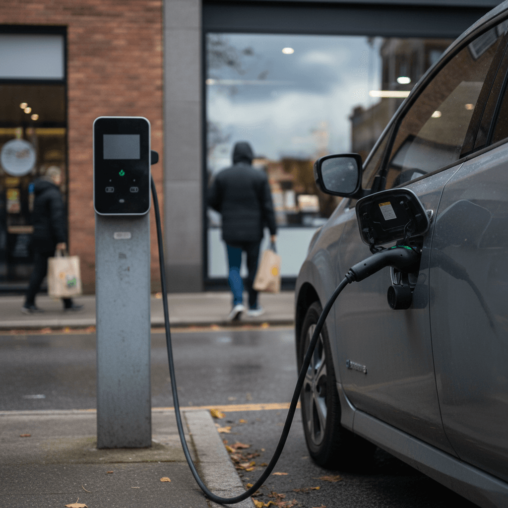 Compact used electric car parked on a residential city street