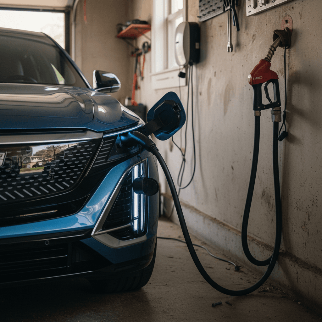 Cadillac Lyriq charging in a home garage alongside a traditional fuel can, illustrating EV vs gas ownership.