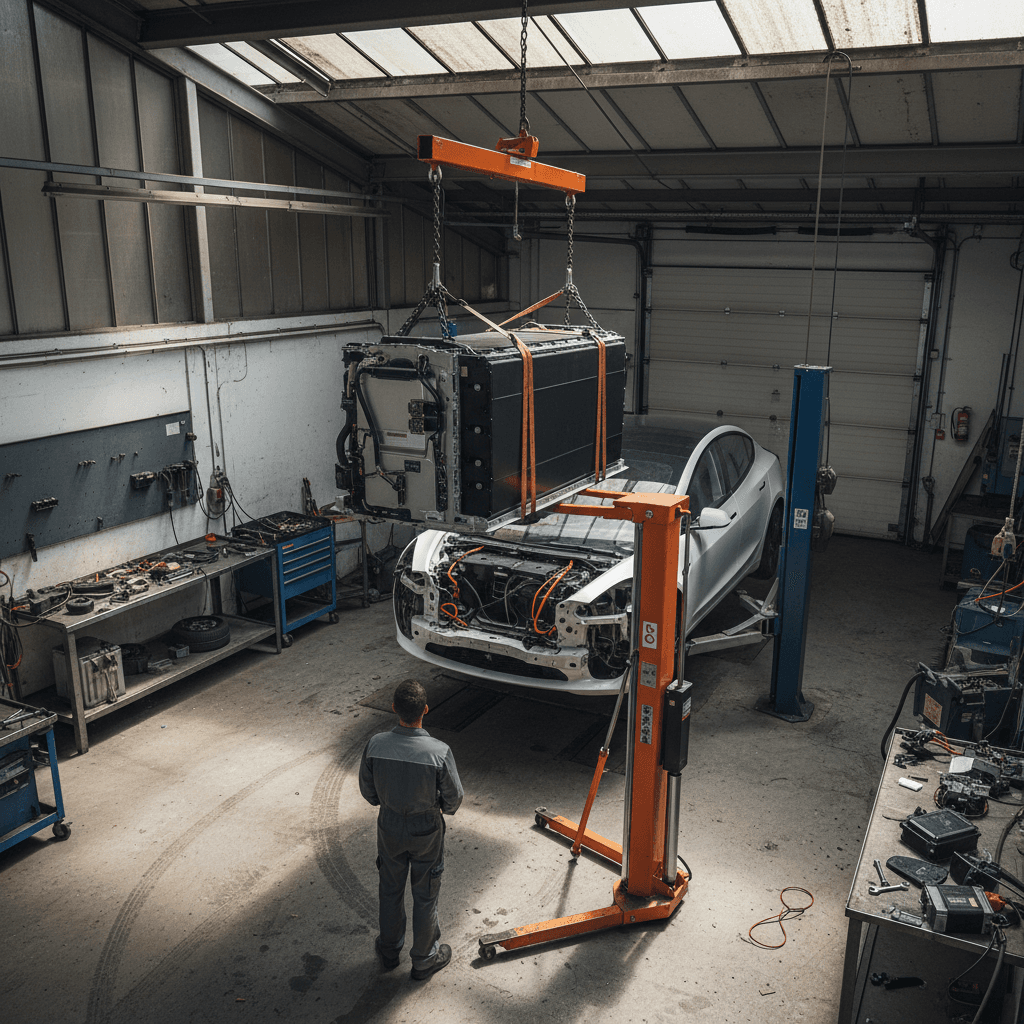 EV technician inspecting a removed Tesla Model 3 battery pack on a lift