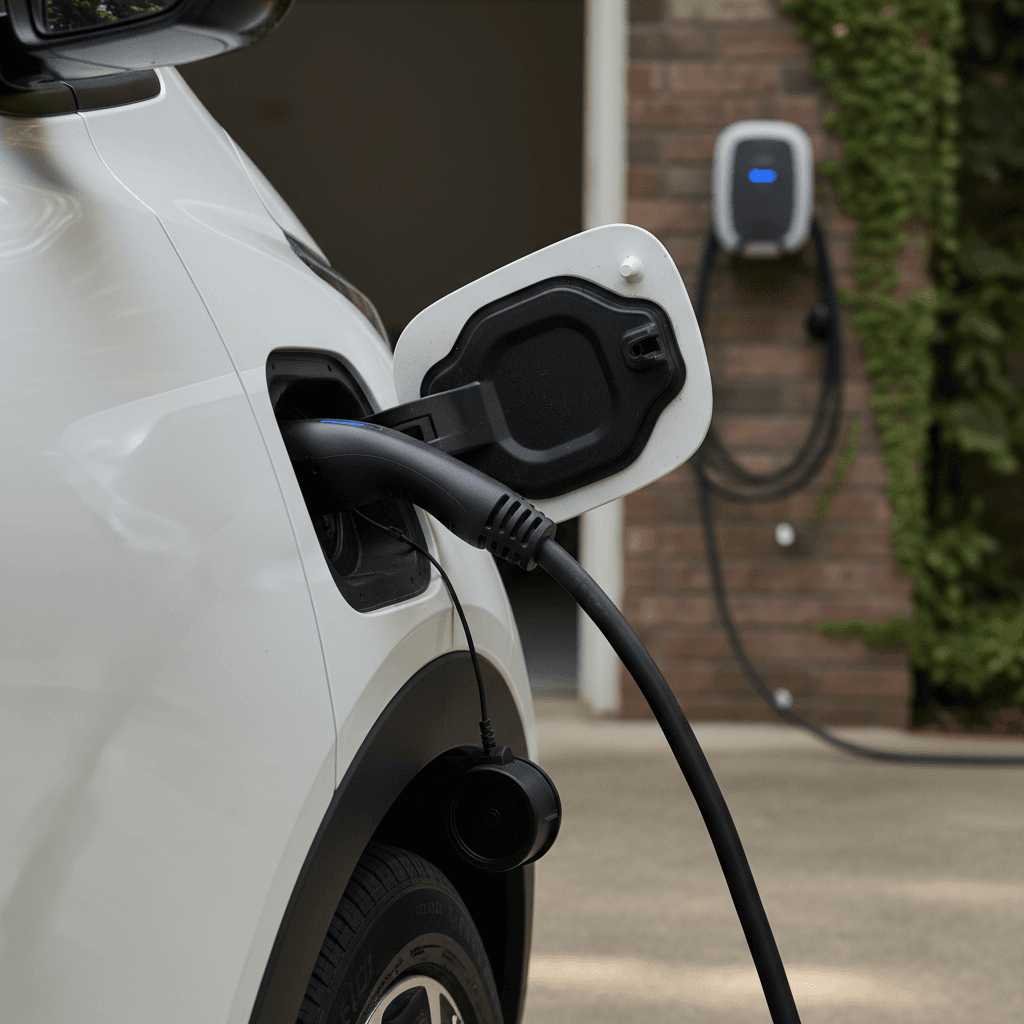 Chevrolet Bolt EUV plugged into a home Level 2 charger in a driveway, illustrating low annual EV charging costs
