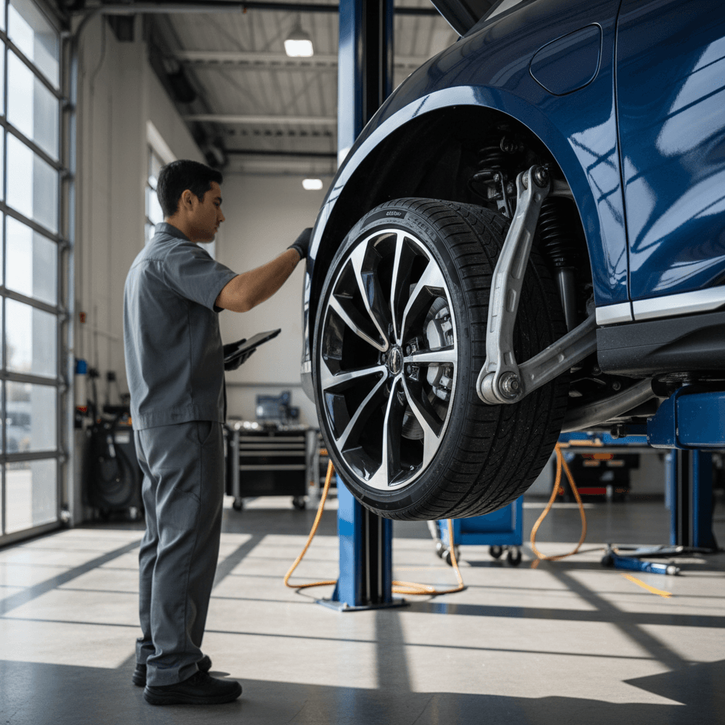 Lucid Air on a service lift with a technician inspecting suspension and brakes