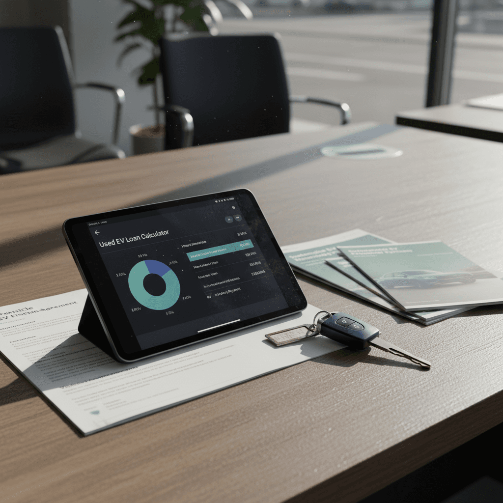 Loan paperwork and tablet loan calculator beside a Volvo EX90 key fob on a dealership finance manager’s desk
