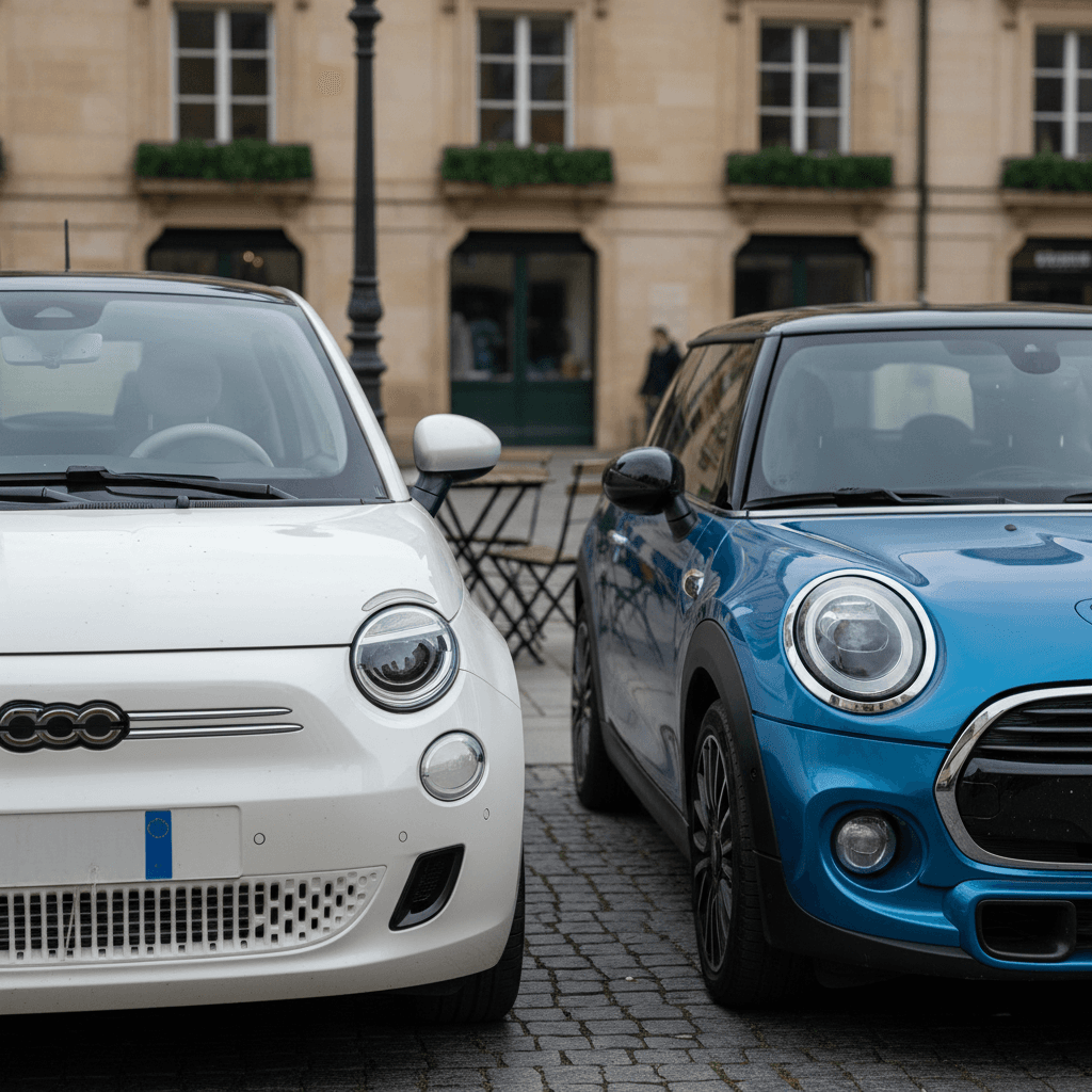 Fiat 500e and Mini Cooper SE parked together highlighting their compact size and city-friendly proportions
