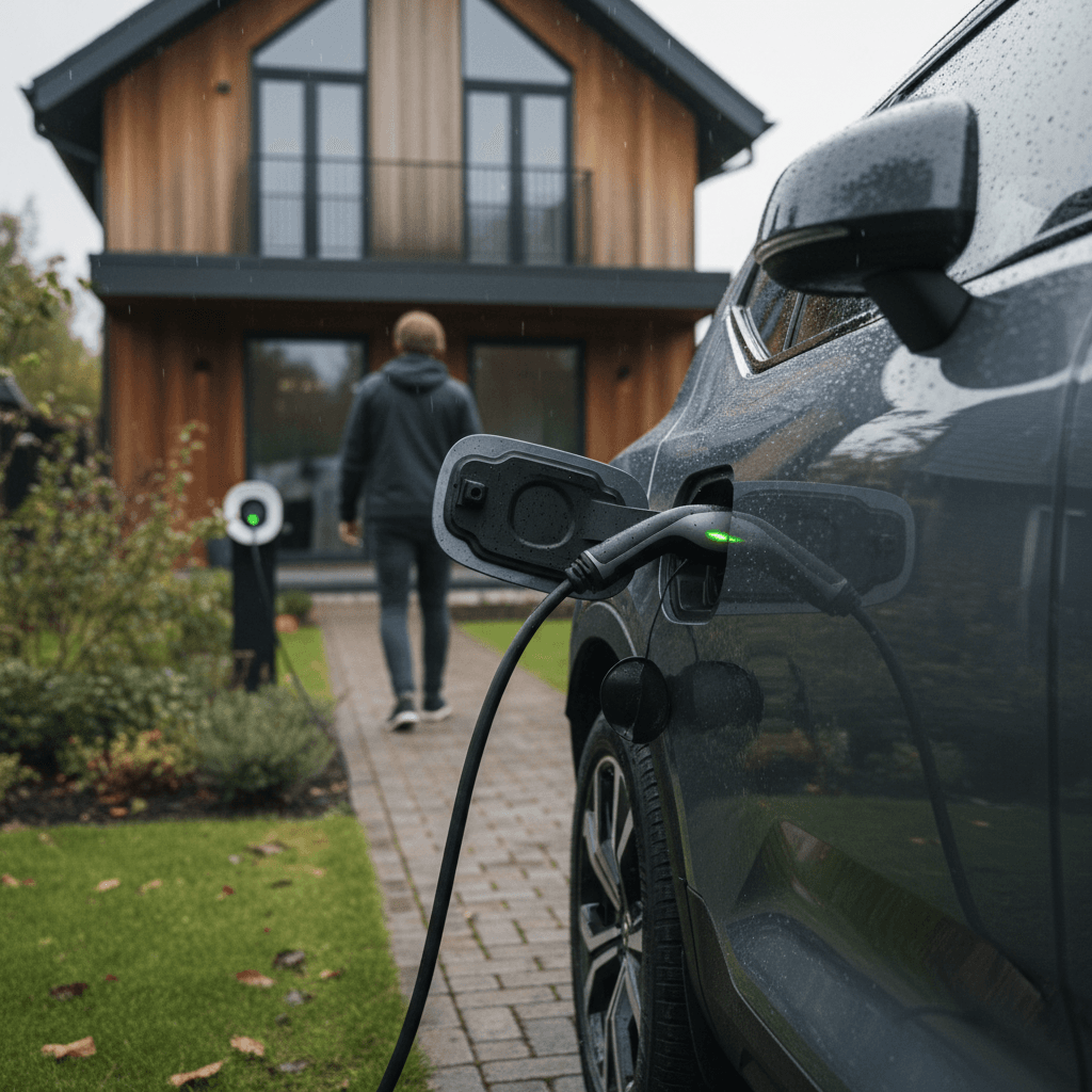 Volvo EX40 plugged into a home wallbox charger in a modern driveway