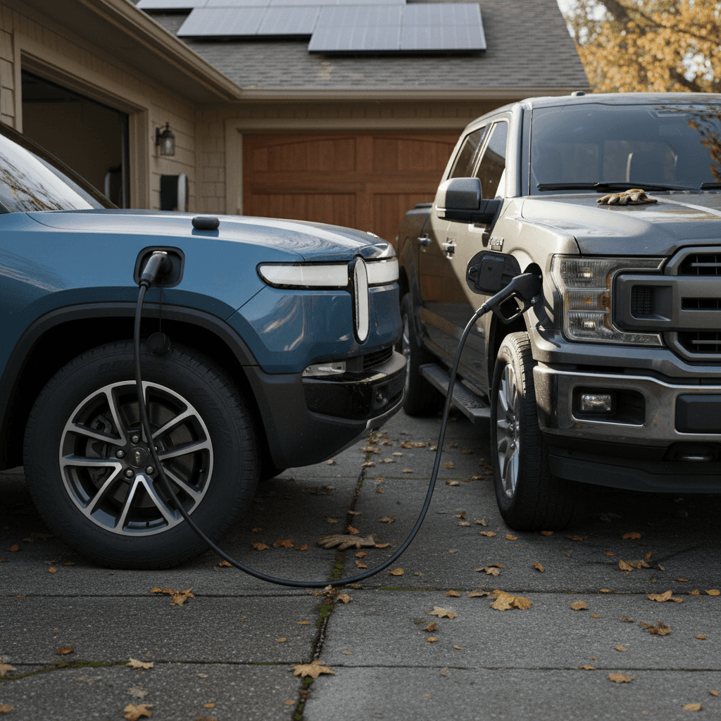 Rivian R1T electric pickup parked next to a similar gas truck in a driveway, illustrating cost comparison