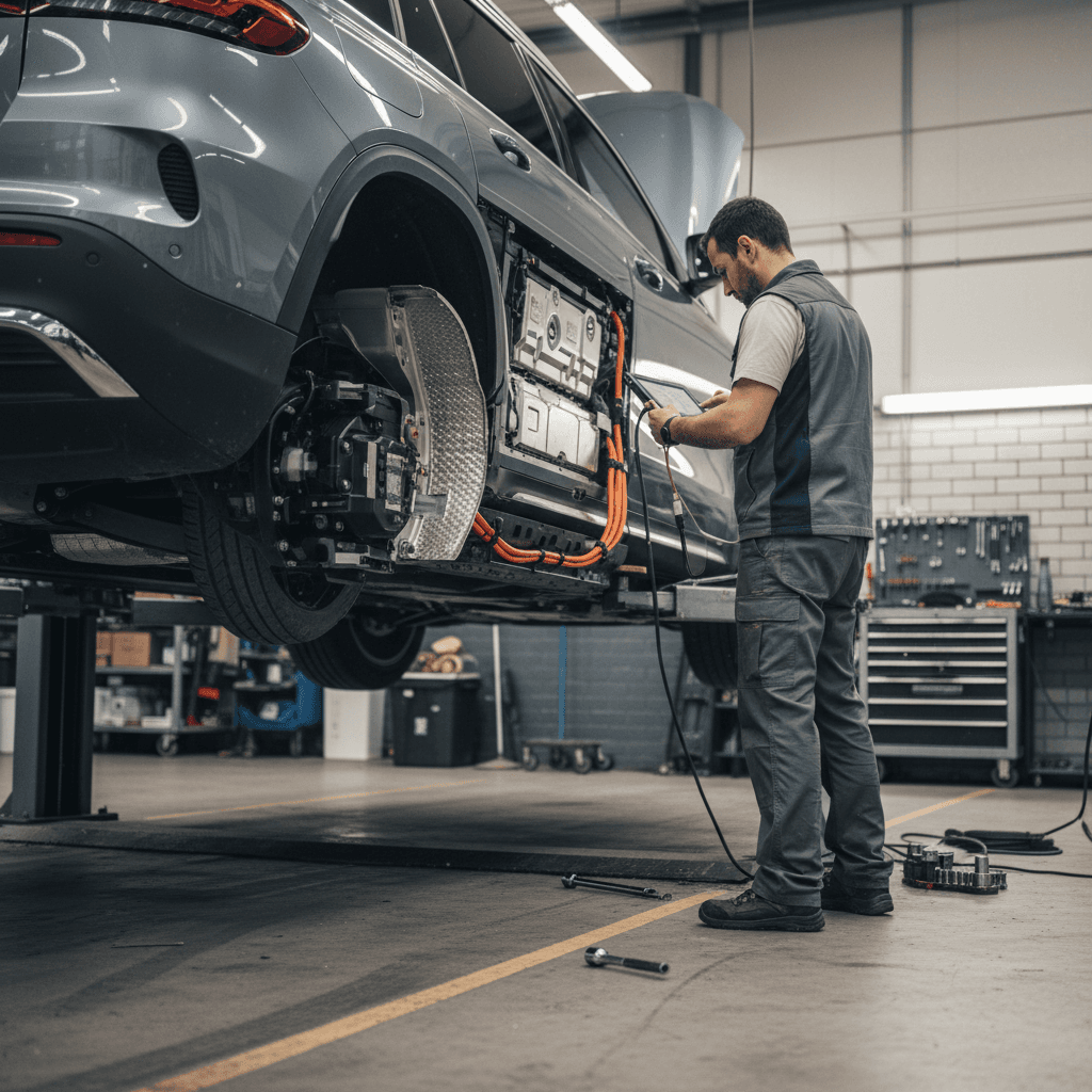 Technician inspecting the underside of a Mercedes EQB on a lift during a maintenance visit