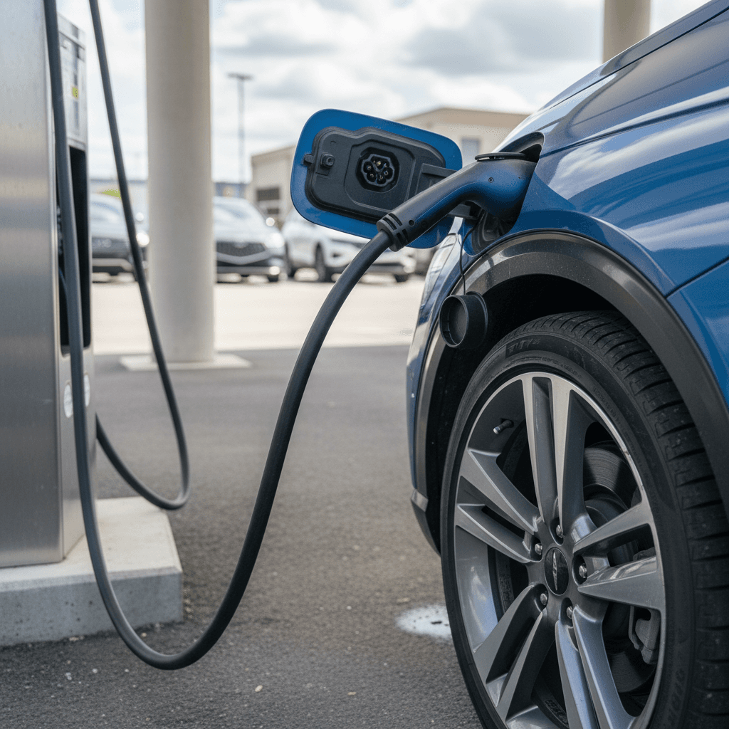 2023 Genesis GV60 plugged into a DC fast charger showing charging status on driver display