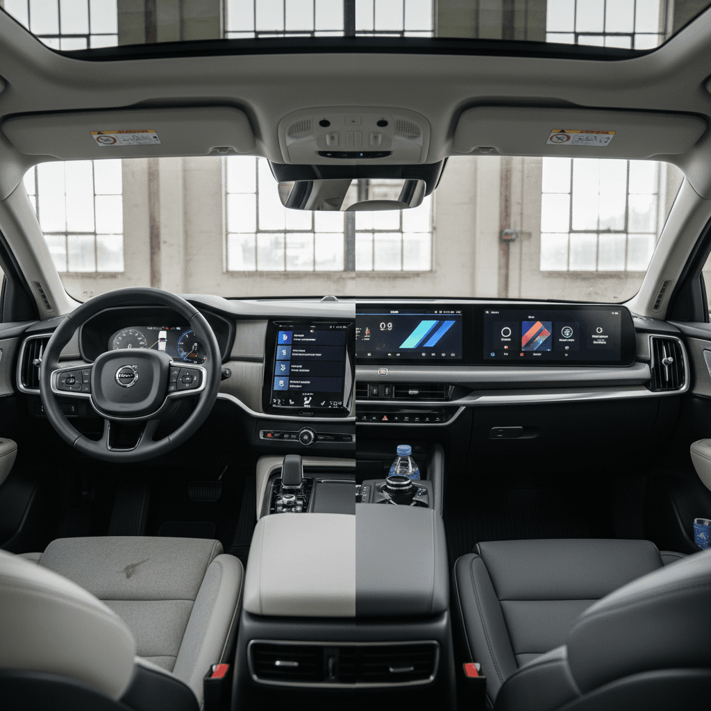 Side-by-side interior comparison of Volvo EX90 and Kia EV9 cabins, highlighting digital dashboards and spacious three-row layouts