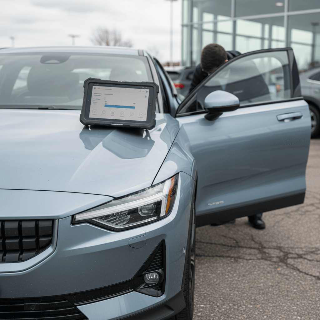 Technician using tablet to show a battery health report while inspecting a used 2021 Polestar 2