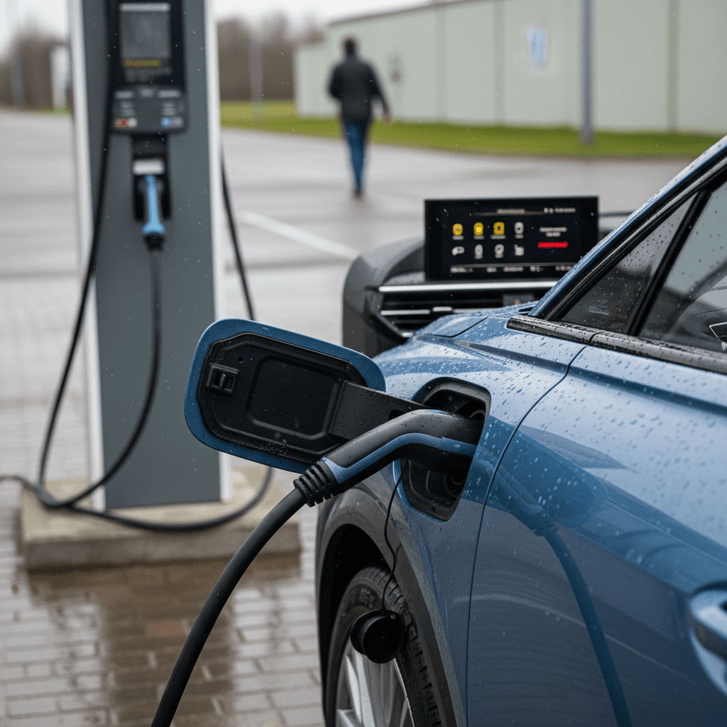 Close-up of a 2022 Audi Q4 e-tron plugged into a public charger while dashboard warning lights are visible inside the cabin