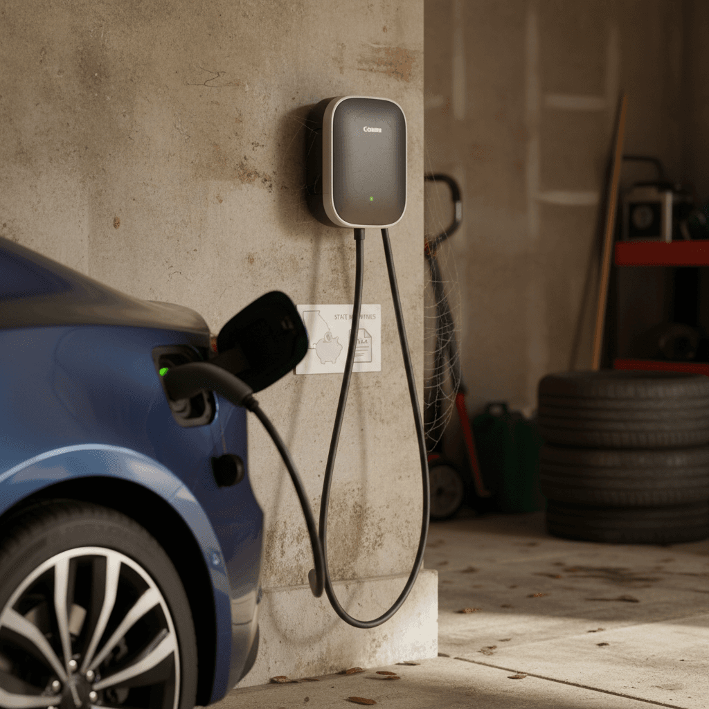 Level 2 home EV charger mounted on a garage wall with a white electric car plugged in