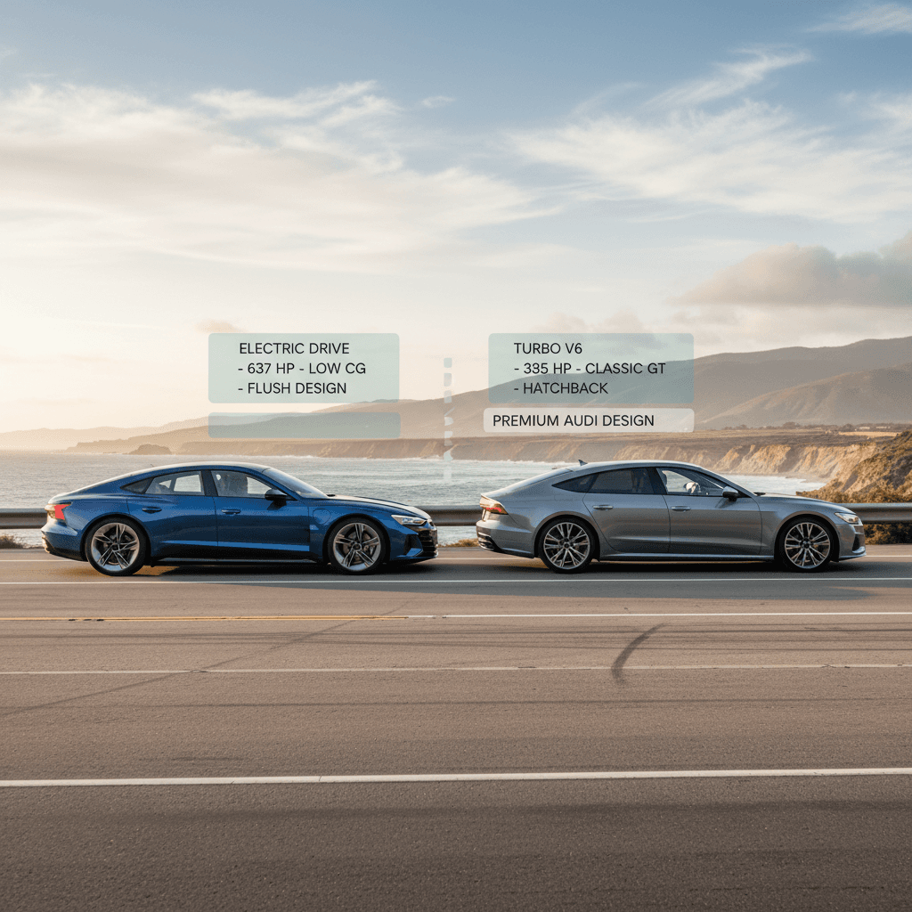 Side profile comparison of an Audi e-tron GT and Audi A7 highlighting roofline and practicality differences