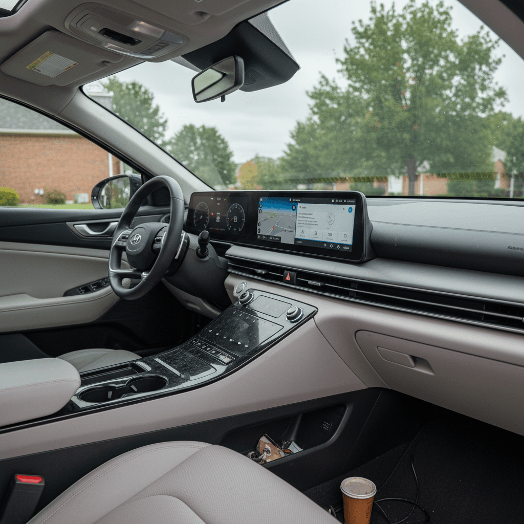 Interior of a 2024 Hyundai IONIQ 6 with dual widescreen displays and ambient lighting