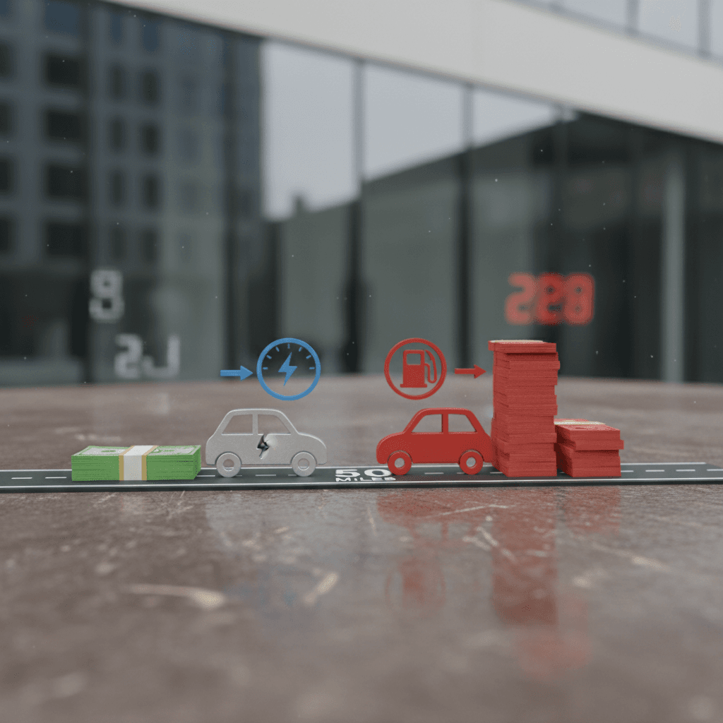 Simple side‑by‑side comparison graphic showing daily cost of a 50 mile commute in an electric car versus a gasoline car