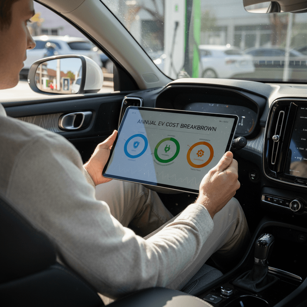 Tablet screen showing a category‑by‑category annual ownership cost breakdown for a Volvo C40 Recharge